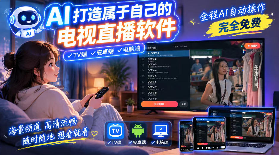 一个提示词,AI全自动做出电视直播软件,电脑、安卓、电视三端通用,完全免费,画质流畅不卡顿-我爱项目网