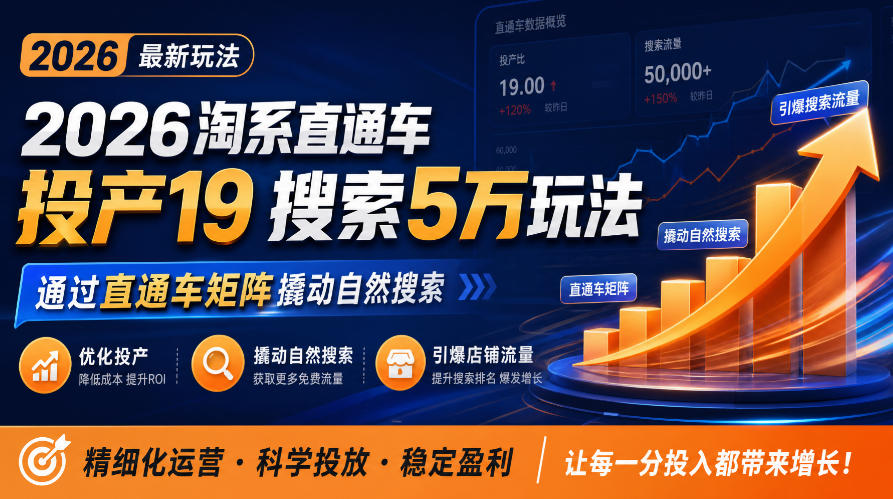 2026淘系直通车投产19搜索5万玩法，通过直通车矩阵撬动自然搜索，帮助商家优化投产，引爆店铺搜索流量-我爱项目网