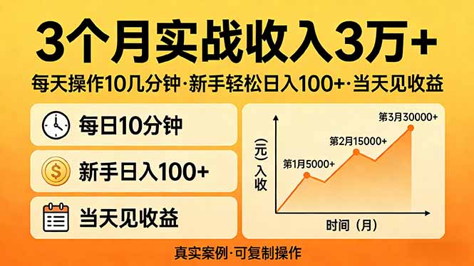 （17639期）3个月实战收入3万+，每天操作10几分钟，新手轻松日入100+，当天见收益-我爱项目网