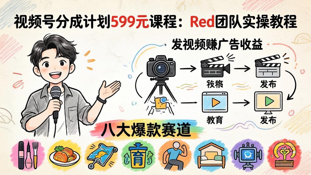 （18088期）视频号分成计划599元课程：Red团队实操教程，发视频赚广告收益，八大爆款赛道全掌握-我爱项目网
