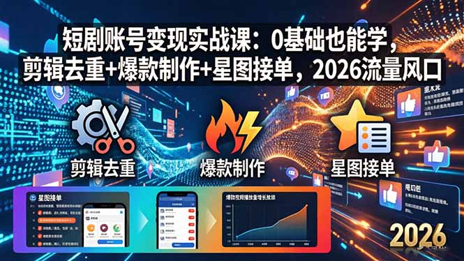 （18160期）短剧账号变现实战课：0基础也能学，剪辑去重+爆款制作+星图接单，2026流量风口-我爱项目网