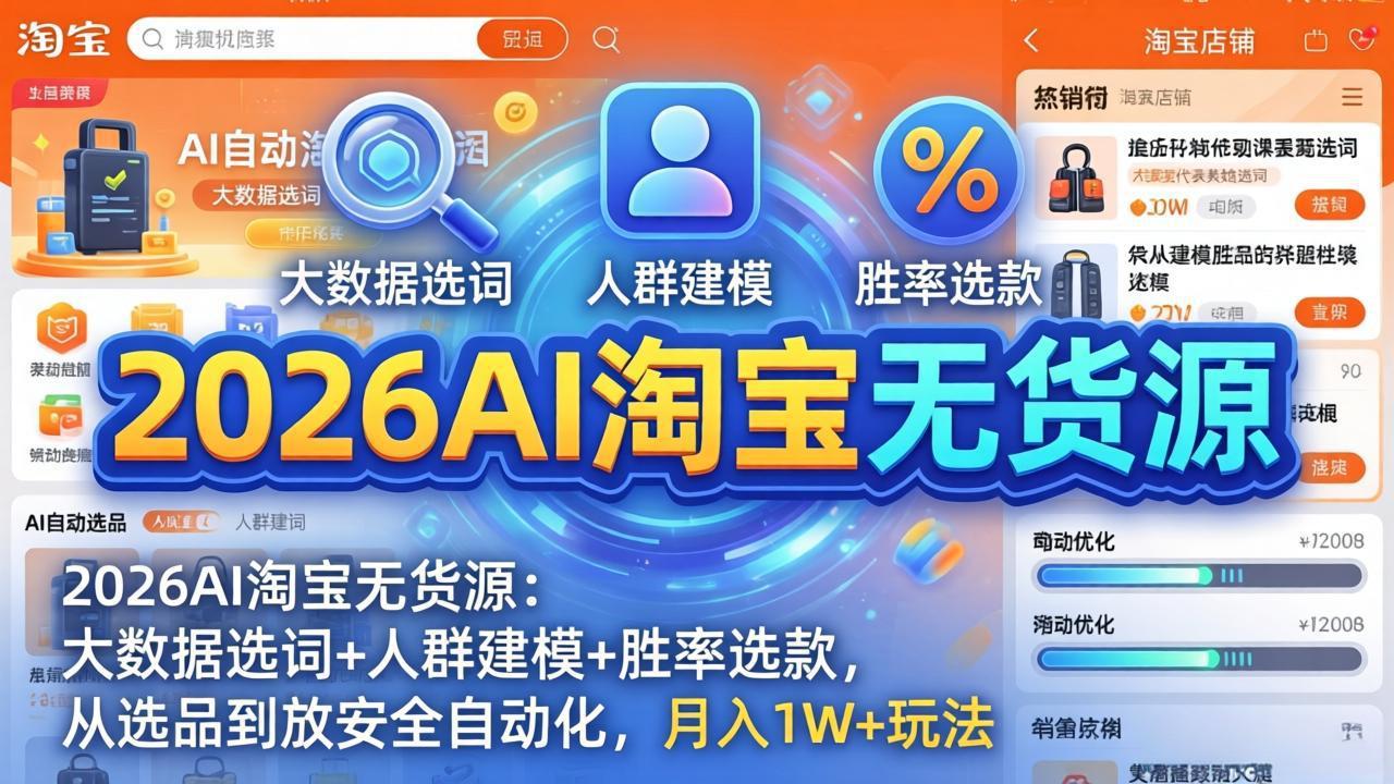 （18046期）2026AI淘宝无货源-4月更新：大数据选词+人群建模+胜率选款，从选品到放大全自动化，月入1W+玩法-我爱项目网