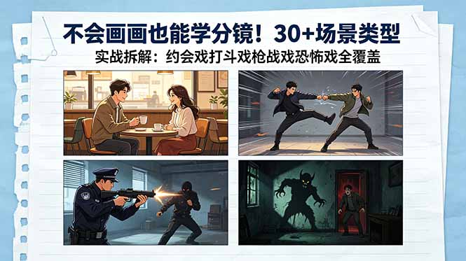 （18591期）不会画画也能学分镜！30+场景类型实战拆解：约会戏打斗戏枪战戏恐怖戏全覆盖-我爱项目网