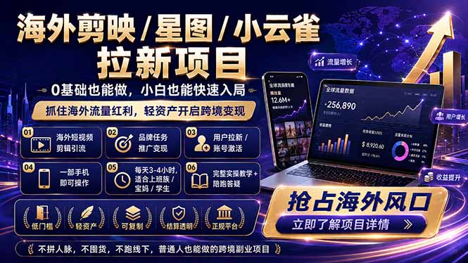 （18567期）海外剪映 / 星图 / 小云雀拉新项目 普通人也能上手的跨境流量变现副业-我爱项目网