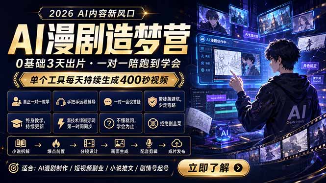 (18568期)AI漫剧造梦营:0基础3天出片,单个工具每天持续生成400秒视频-我爱项目网