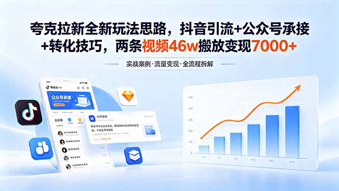 (18416期)夸克拉新全新玩法思路,抖音引流+公众号承接+转化技巧,两条视频46w搬放 变现7000+-我爱项目网