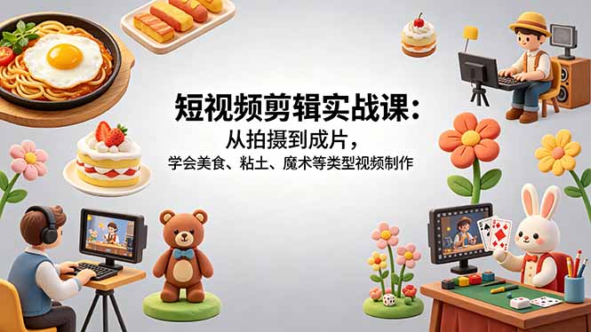 （18375期）短视频剪辑实战课：从拍摄到成片，学会美食、粘土、魔术等类型视频制作-我爱项目网