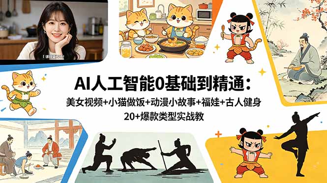 （18685期）AI人工智能0基础到精通：美女视频+小猫做饭+动漫小故事+福娃+古人健身，20+爆款类型实战教学-我爱项目网