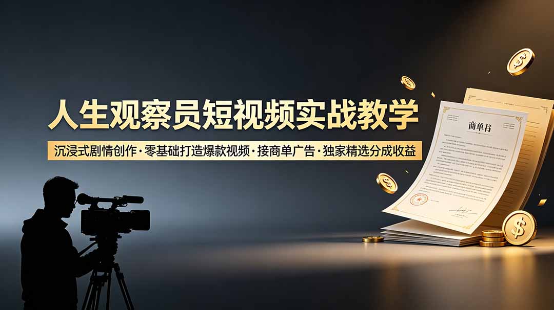 （19113期）人生观察员短视频实战教学，沉浸式剧情创作，零基础打造爆款视频，接商单广告，独家精选分成收益-我爱项目网