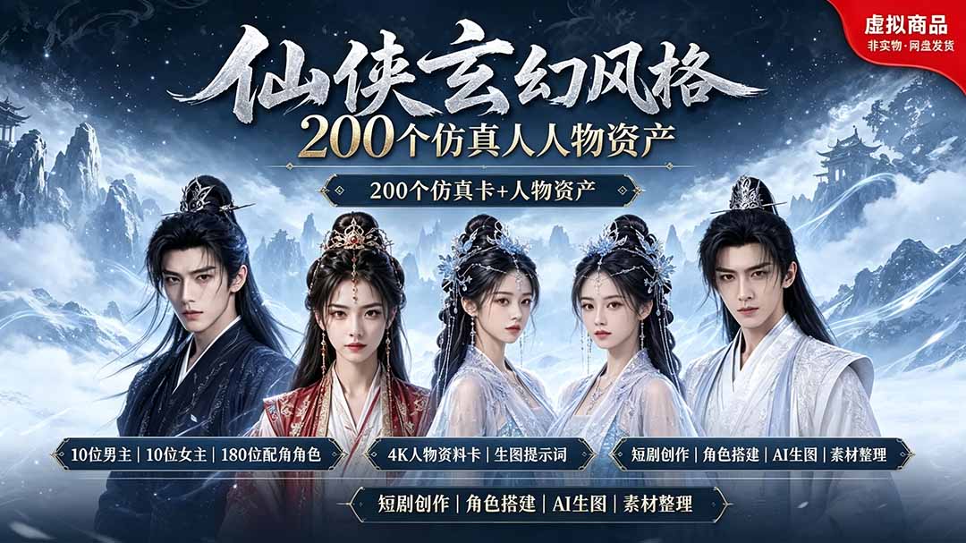 （19301期）200个仙侠玄幻仿真人素材◆10男主×10女主×180配角，4K资料卡+AI生图提示词，漫剧必备-我爱项目网