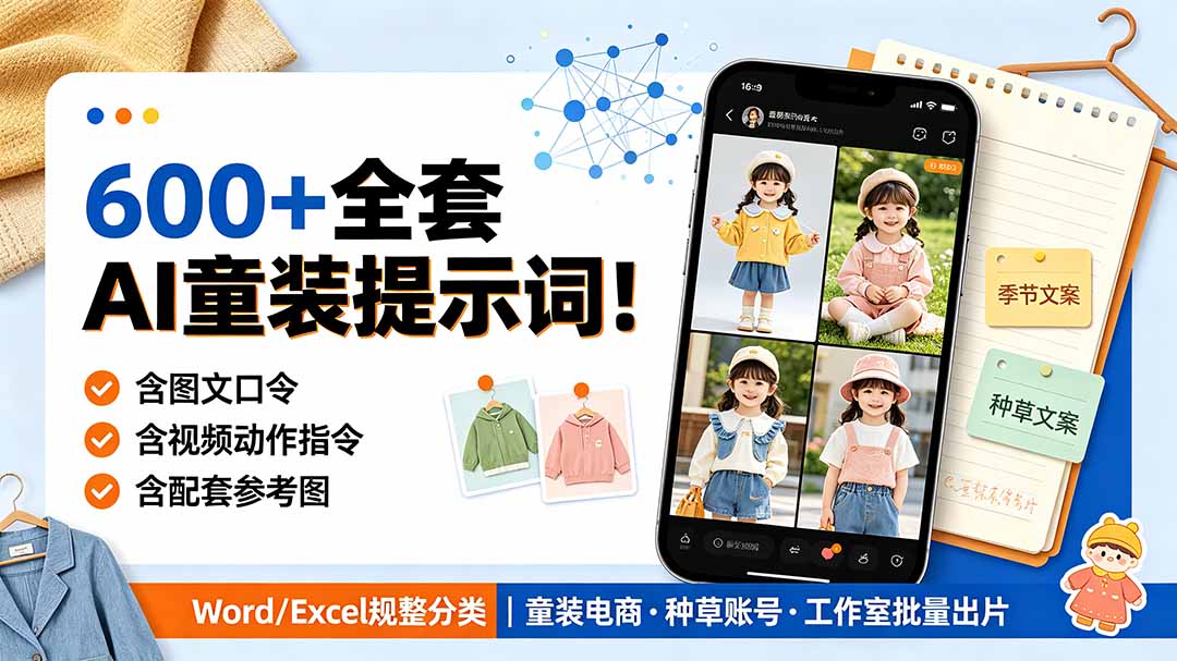 （19302期）600+全套AI童装提示词！含图文口令+视频动作指令+配套参考图，Word/Excel规整分类，童装电商、种草无脑量产内容-我爱项目网