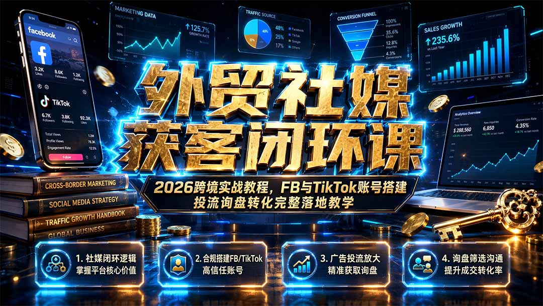 （19611期）外贸社媒获客闭环课｜2026跨境实战教程，FB与TikTok账号搭建投流询盘转化完整落地教学-我爱项目网