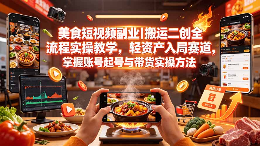 （19535期）美食短视频副业｜搬运二创全流程实操教学，轻资产入局赛道，掌握账号起号与带货实操方法-我爱项目网