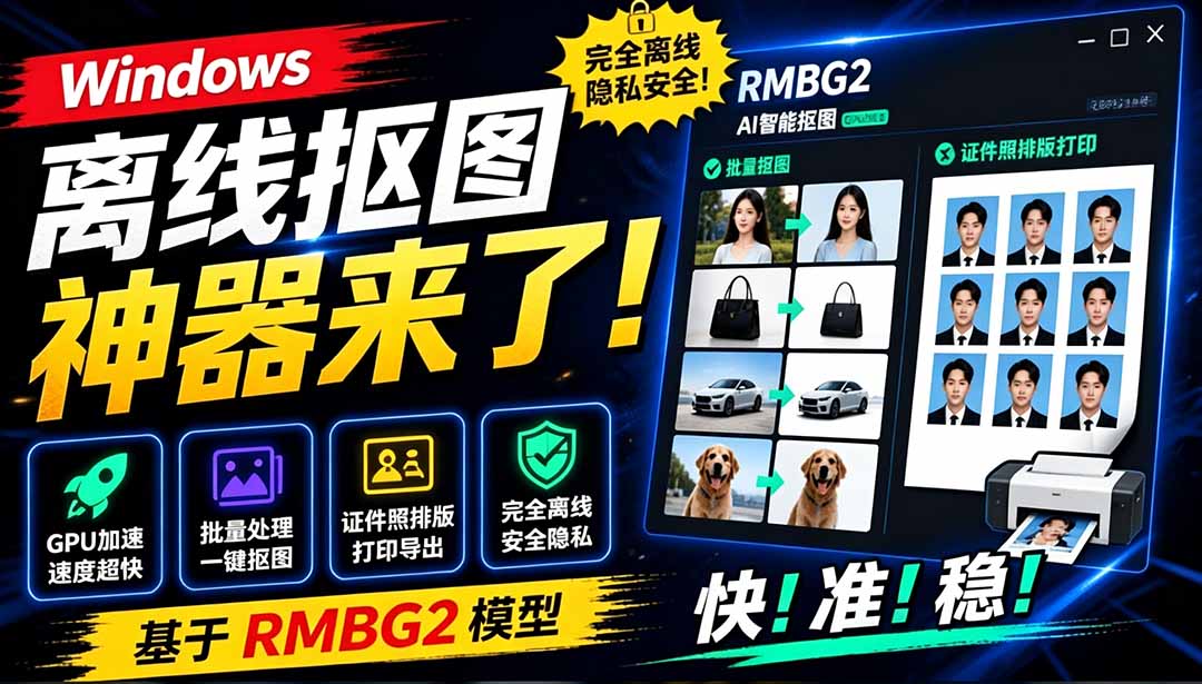 （19357期）Windows离线抠图神器来了！支持批量抠图 + 证件照排版打印，基于RMBG2模型，GPU加速 方块AI抠图-我爱项目网