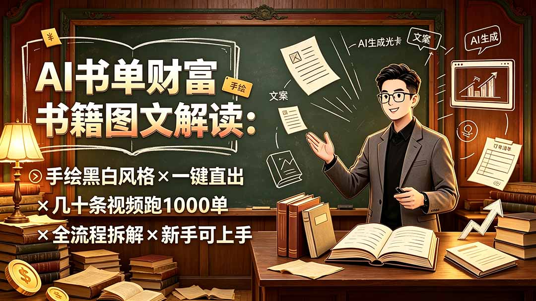 （19515期）AI书单财富书籍图文解读：手绘黑白风格×一键直出×几十条视频跑1000单×全流程拆解×新手可上手-我爱项目网