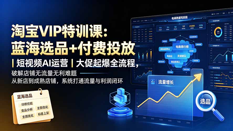 （19399期）淘宝VIP特训课：蓝海选品+付费投放｜短视频AI运营｜大促起爆全流程，破解店铺无流量无利润难题-我爱项目网