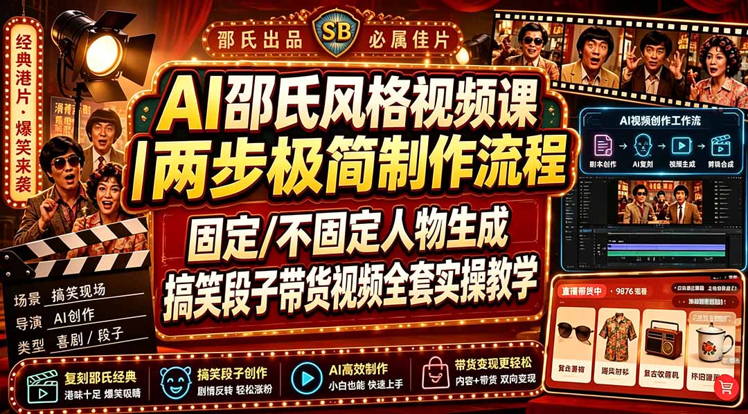 （19602期）AI邵氏风格视频课｜两步极简制作流程，固定/不固定人物生成，搞笑段子带货视频全套实操教学-我爱项目网
