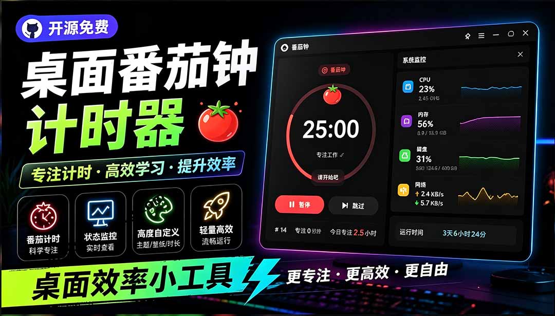 （19564期）仅1.16MB，开源极简的桌面时钟、番茄钟计时器，还支持系统监控显示，桌面效率小工具 Catime-我爱项目网