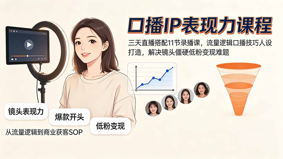 （19604期）口播IP表现力课程｜三天直播搭配11节录播课，流量逻辑口播技巧人设打造，解决镜头僵硬低粉变现难题-我爱项目网