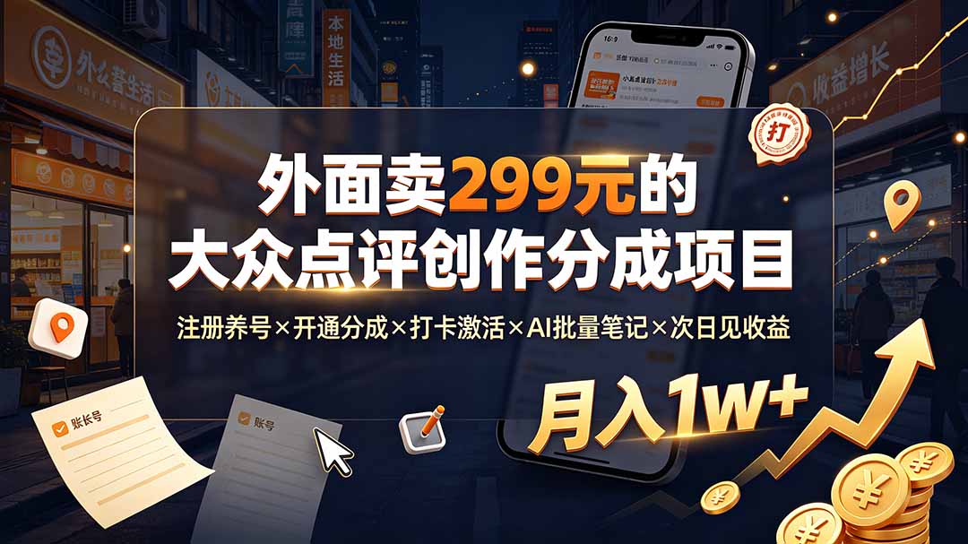 （19488期）外面卖299元的大众点评创作分成项目：注册养号×开通分成×打卡激活×AI批量笔记×次日见收益，月入1w+-我爱项目网