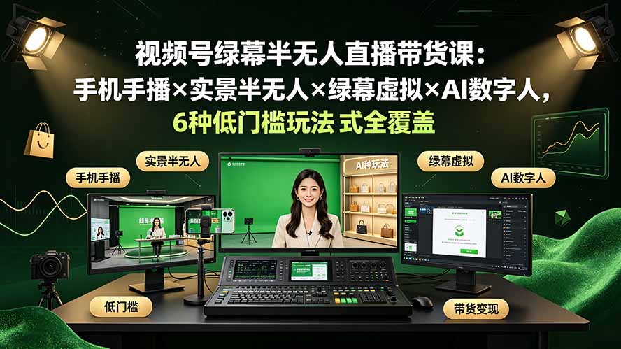 （19271期）视频号绿幕半无人直播带货课：手机手播×实景半无人×绿幕虚拟×AI数字人，6种低门槛玩法全覆盖-我爱项目网