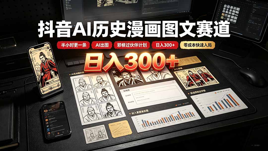 （19498期）抖音AI历史漫画图文赛道：半小时更一条×AI出图×邪修过伙伴计划×日入300+，零成本快速入局-我爱项目网