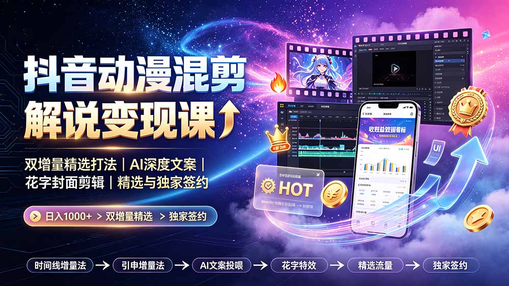 （19311期）抖音动漫混剪解说变现课：双增量精选打法｜AI深度文案｜花字封面剪辑｜ 精选与独家签约日入1000+-我爱项目网