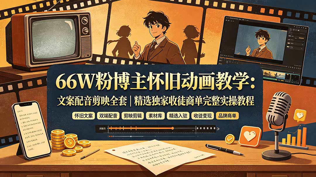 （19499期）66W粉博主怀旧动画教学：文案配音剪映全套｜精选独家收徒商单完整实操教程-我爱项目网
