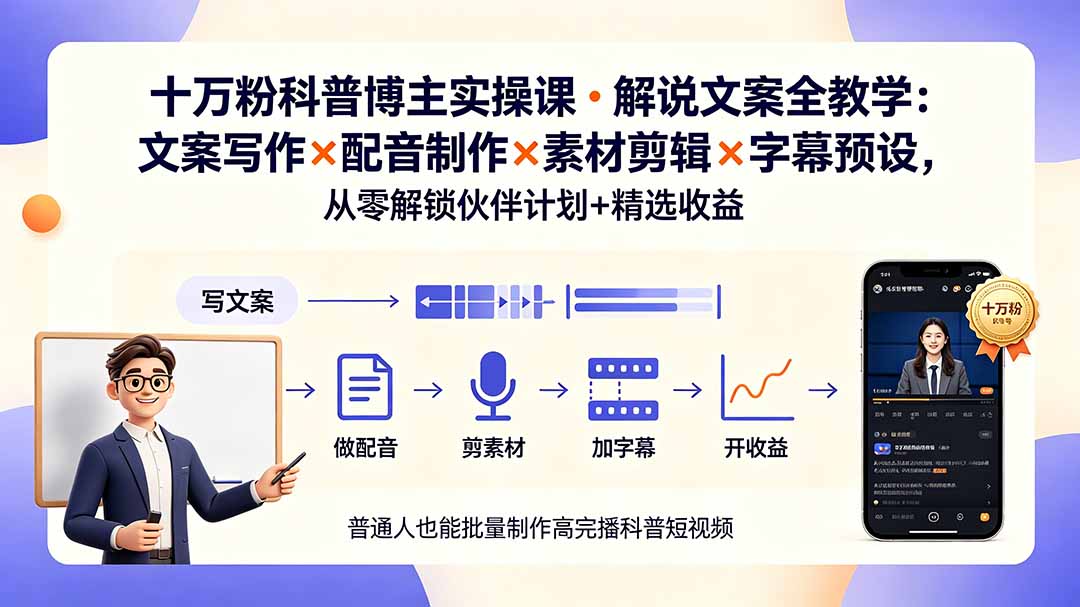 （19275期）10万粉科普博主实操课-解说文案全教学：文案写作×配音制作×素材剪辑×字幕预设，从零解锁伙伴计划+精选收益-我爱项目网