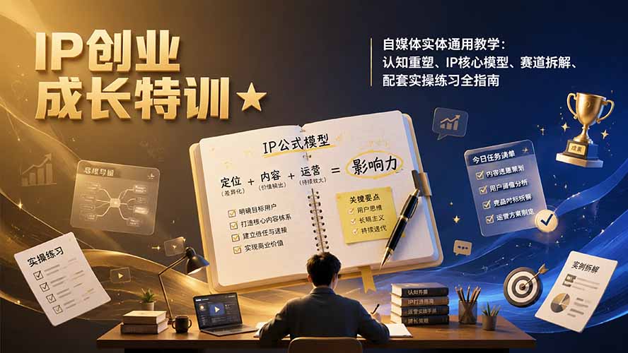 （19567期）IP创业成长特训★自媒体实体通用教学：认知重塑、IP核心模型、赛道拆解、配套实操练习全指南-我爱项目网