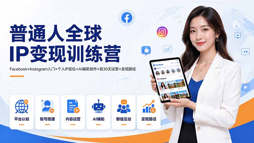 （19568期）普通人全球IP变现训练营：Facebook×Instagram入门×个人IP定位×AI辅助创作×前30天运营×变现路径-我爱项目网