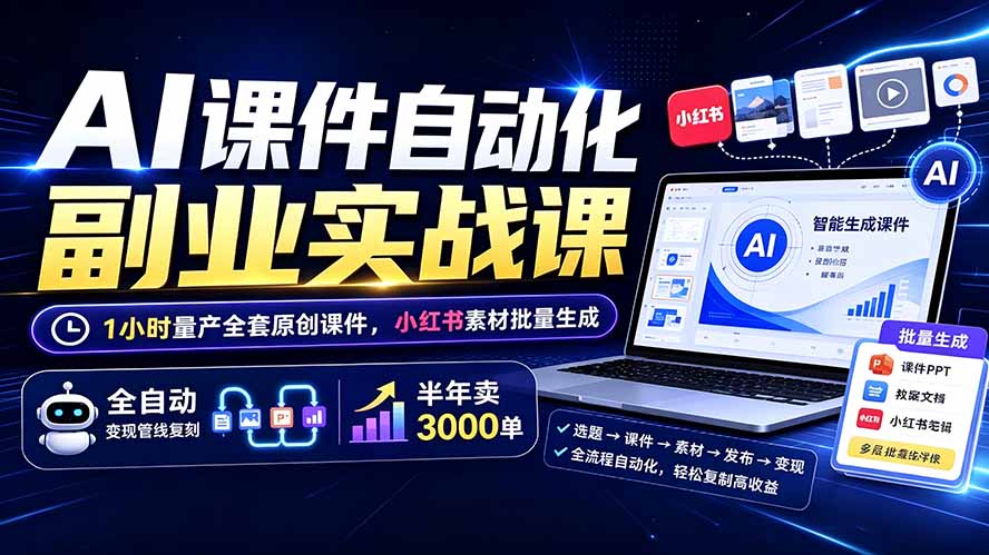 （19518期）AI课件自动化副业实战课：1小时量产全套原创课件×小红书素材批量生成×全自动变现管线×半年卖3000单-我爱项目网