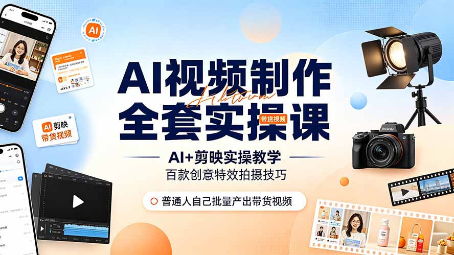 （19200期）AI视频制作全套实操课，多款AI工具搭配剪映教学，百种特效运镜拍摄实操，抖音账号带货运营全覆盖-我爱项目网