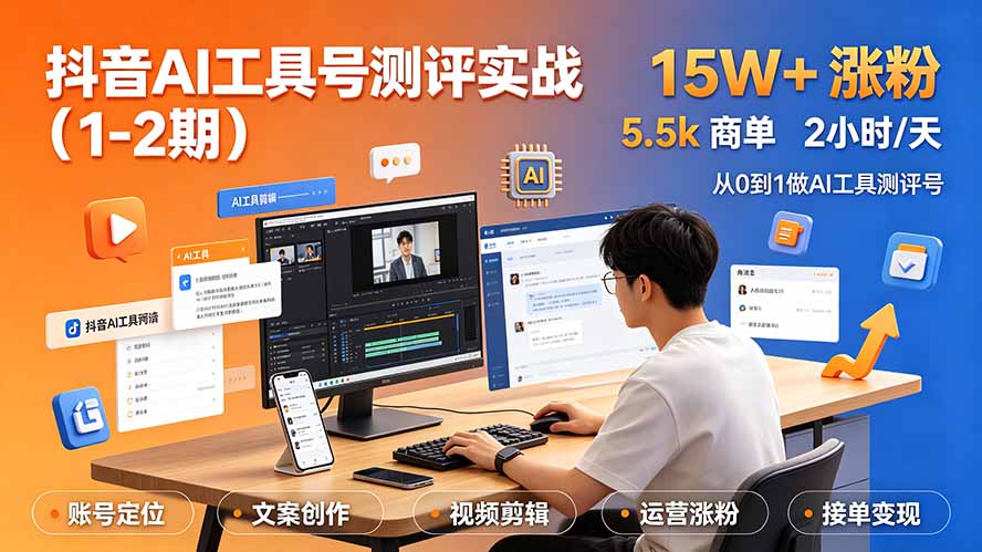 （19380期）抖音AI工具号测评实战（1-2期）：单号涨粉15W+×商单5.5k×伙伴计划×普通人可复制，每天2小时长期可持续-我爱项目网
