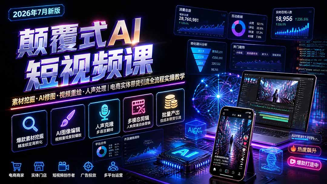 （19630期）颠覆式AI短视频课｜素材挖掘，AI修图，视频重绘，人声处理｜电商实体带货引流全流程实操教学-我爱项目网