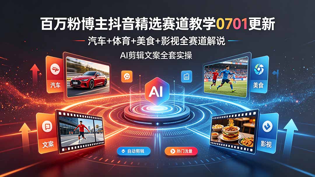 （19144期）百万粉博主抖音精选赛道教学-0701更新，汽车+体育+美食+影视全赛道解说，AI剪辑文案全套实操-我爱项目网