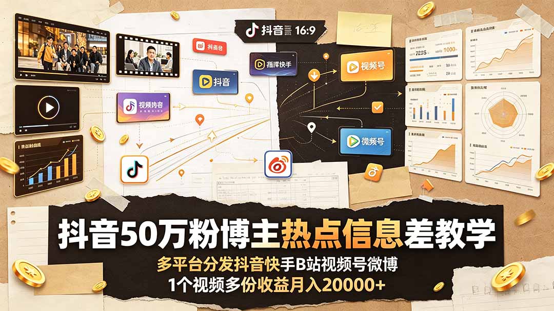 （19145期）抖音50万粉博主热点信息差教学：多平台分发抖音快手B站视频号微博，1个视频多份收益月入20000+-我爱项目网