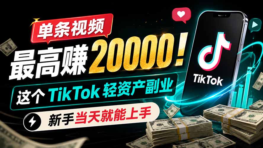 （19457期）单条视频最高赚 20000！这个 TikTok 轻资产副业，新手当天就能上手-我爱项目网