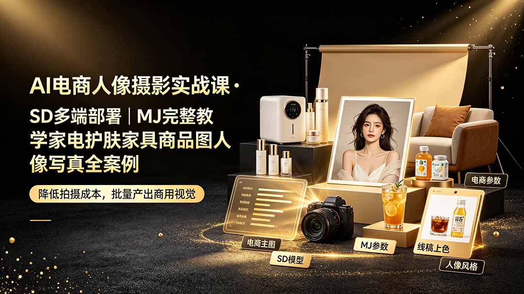 （19262期）AI电商人像摄影实战课·SD多端部署｜MJ完整教学｜家电护肤家具商品图人像写真全案例-我爱项目网