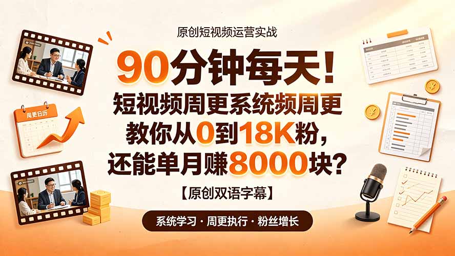 （19265期）90 分钟每天！短视频周更系统教你从 0 到 18K 粉，还能单月赚 8000 块？【原创双语字幕】-我爱项目网