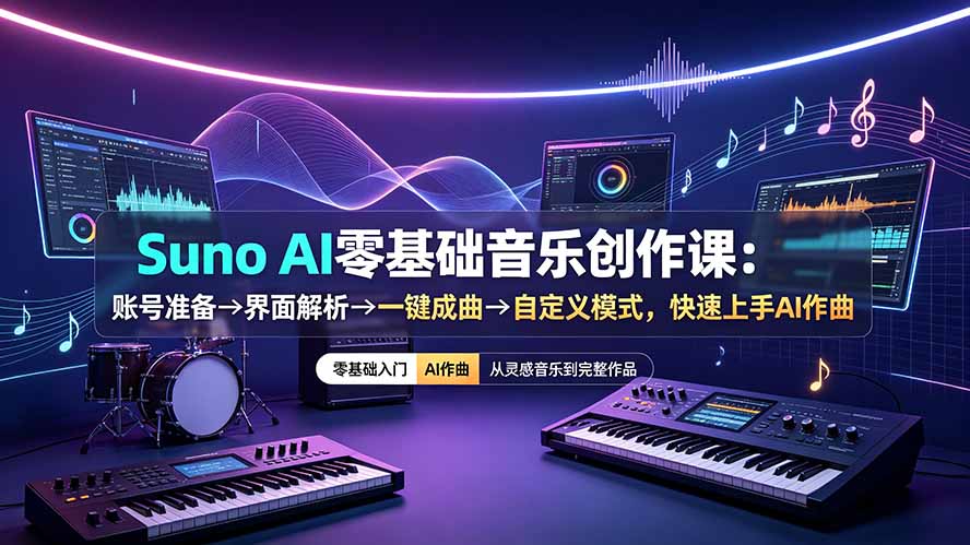（19264期）Suno AI零基础音乐创作课：账号准备→界面解析→一键成曲→自定义模式，快速上手AI作曲-我爱项目网