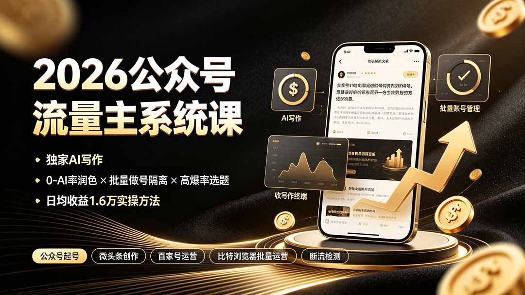 （19405期）2026公众号流量主系统课：独家AI写作×0-AI率润色×批量做号隔离×高爆率选题，日均收益1.6万实操方法-我爱项目网