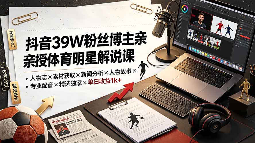 （19476期）抖音39W粉丝博主亲授体育明星解说课：人物志×素材获取×新闻分析×人物故事×专业配音×精选独家×单日收益1k+-我爱项目网
