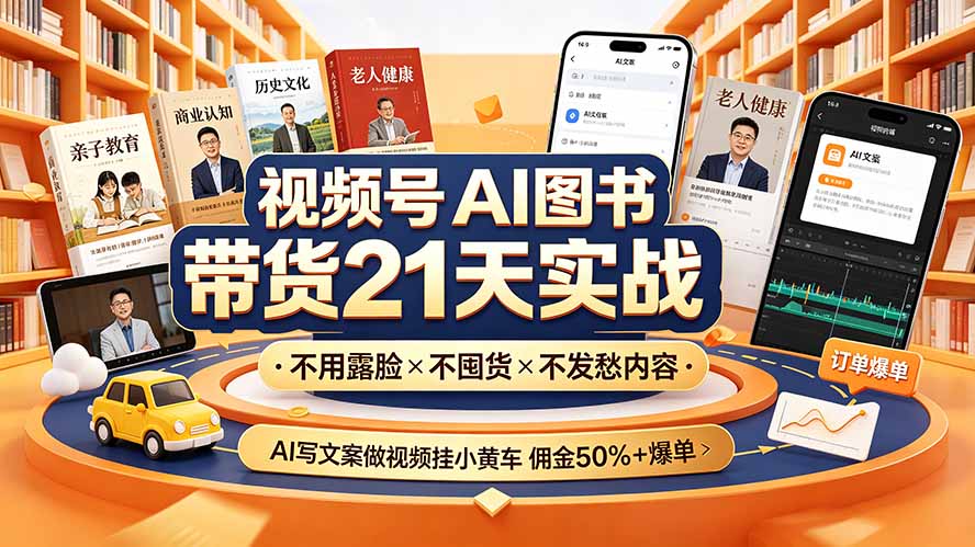 （19476期）视频号AI图书带货21天实战：不用露脸×不囤货×不发愁内容，AI写文案做视频挂小黄车，佣金50%+爆单-我爱项目网