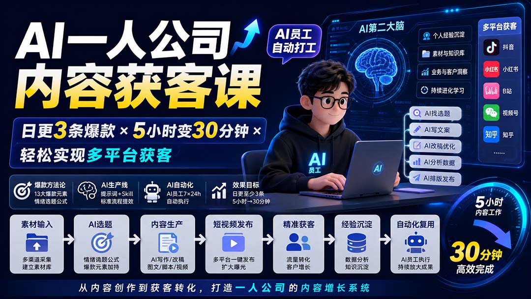 （20111期）AI一人公司内容获客课-更新8月：日更3条爆款×5小时变30分钟×AI员工自动打工，轻松实现多平台获客-我爱项目网