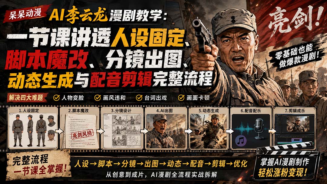 （20107期）呆呆动漫AI李云龙漫剧教学：一节课讲透人设固定、脚本魔改、分镜出图、动态生成与配音剪辑完整流程-我爱项目网
