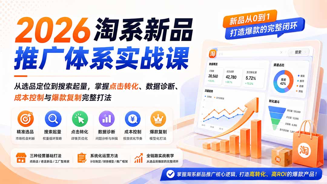 （19908期）2026淘系新品推广体系实战课：从选品定位到搜索起量，掌握点击转化、数据诊断、成本控制与爆款复制完整打法-我爱项目网
