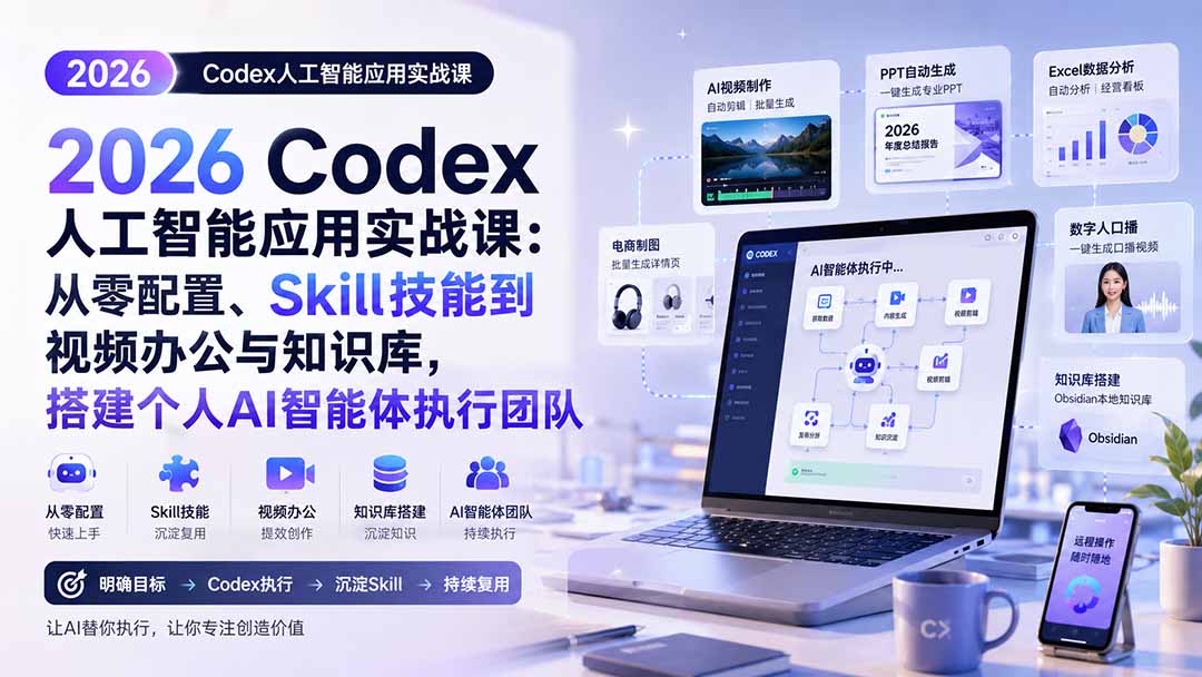 （20067期）2026 Codex人工智能应用实战课：从零配置、Skill技能到视频办公与知识库，搭建个人AI智能体执行团队-我爱项目网