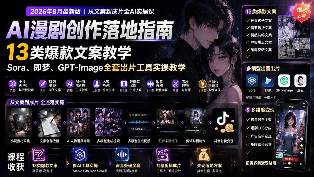 (19691期)AI漫剧创作落地指南|13类爆款文案教学,Sora、即梦、GPT-Image全套出片工具实操教学-我爱项目网