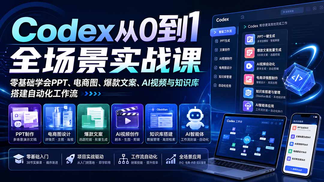 （20041期）Codex从0到1全场景实战课：零基础学会PPT、电商图、爆款文案、AI视频与知识库，搭建自动化工作流-我爱项目网